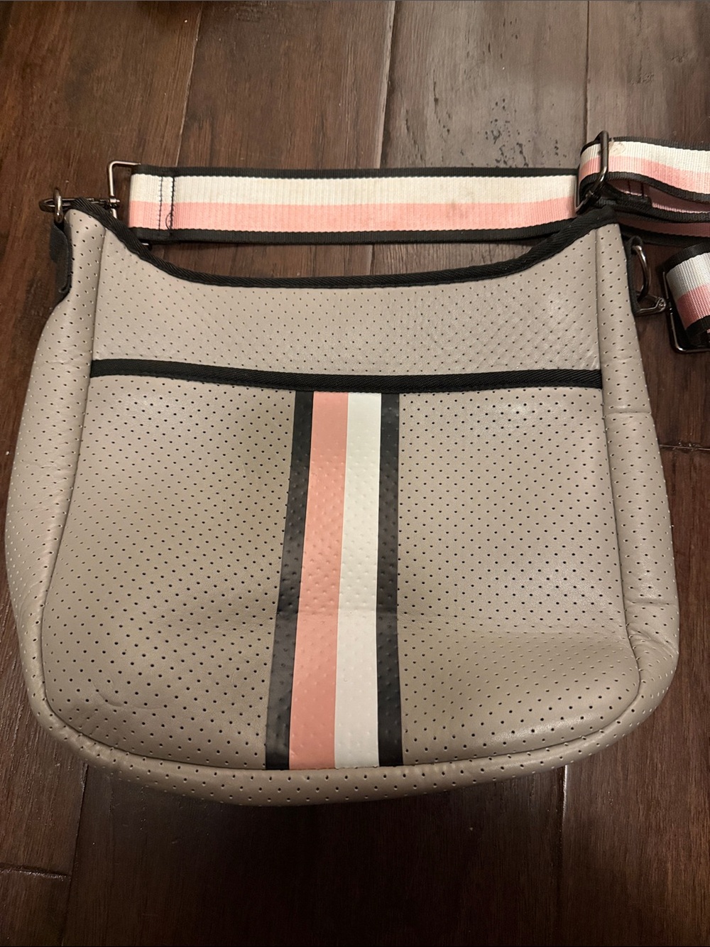 Haute Shore Neutral Perforated Crossbody Bag with Pink & White Stripe - Picture 1 of 4